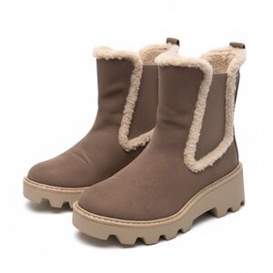 DV by Dolce Vita Vinny  Lug Sole Ankle Bootie Pull On Fur Trim Tan Size 8  New